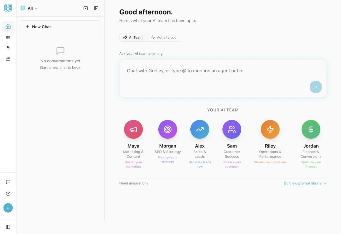 WafflOS home workspace with a shared prompt composer and six AI employee roles.
