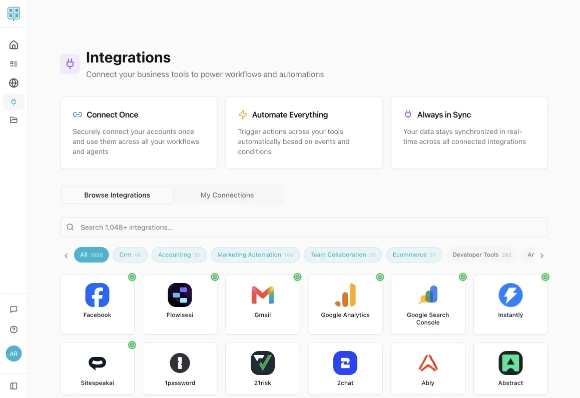 WafflOS Integrations catalog showing connection categories and third-party application tiles.