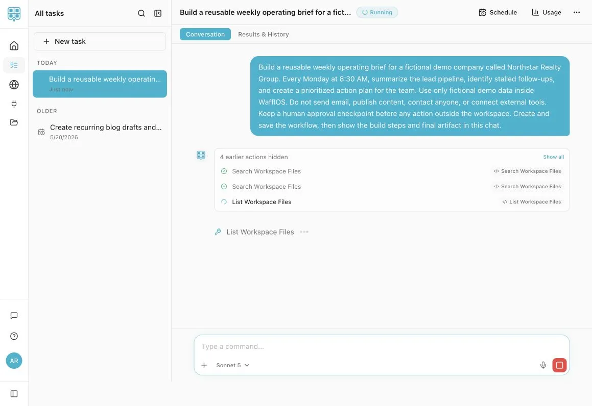 WafflOS AI Task running a fictional operating-brief build with workspace actions visible.
