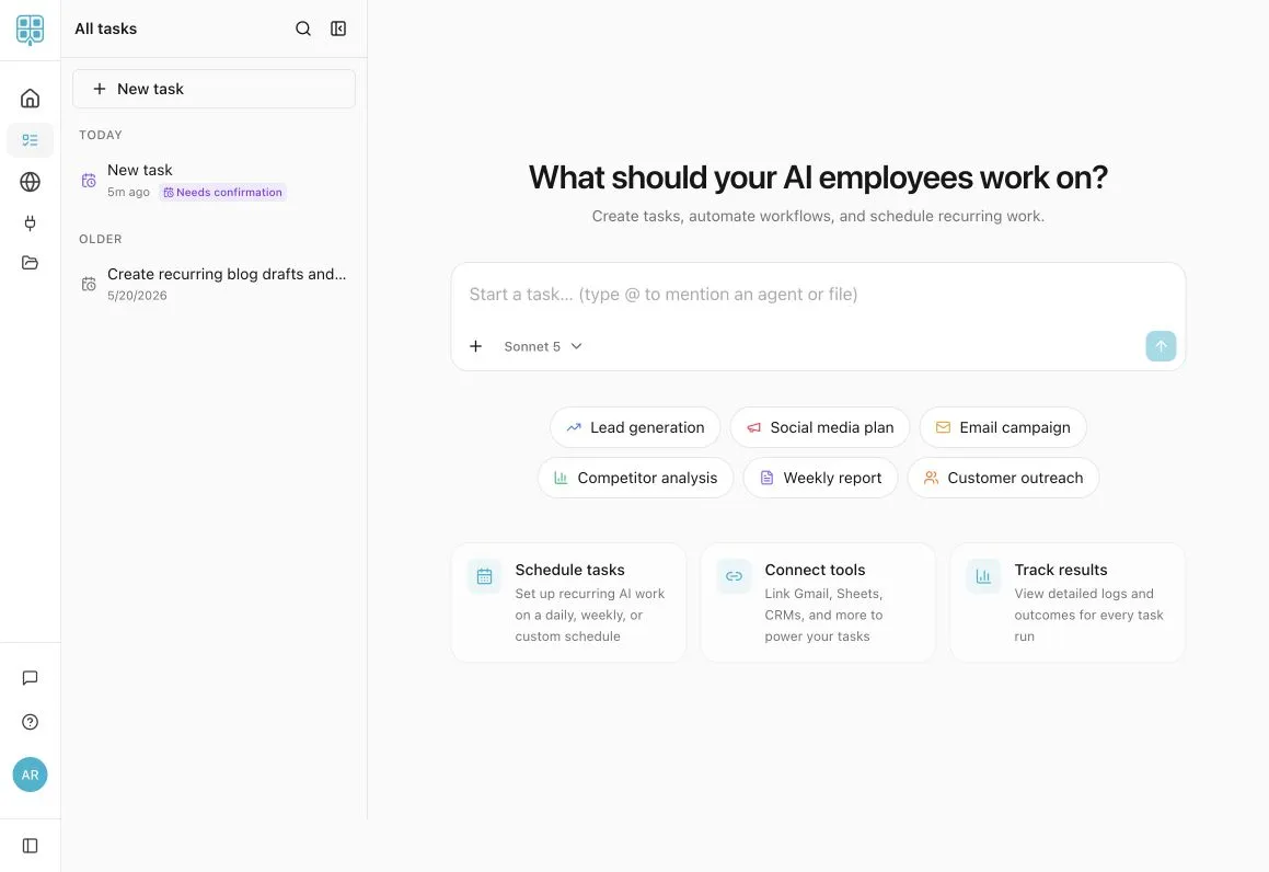 WafflOS AI Tasks composer with suggested tasks and controls for schedules, tools, and results.